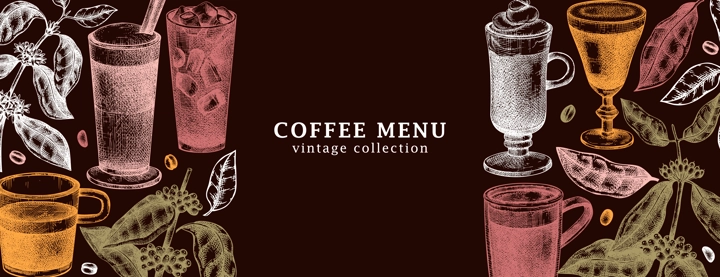 Hand-sketched coffee banner template in color. Vector sketches of mugs with aromatic caffeine drinks. With botanical coffee plants, leaves and beans in vintage style. Vector beverages design